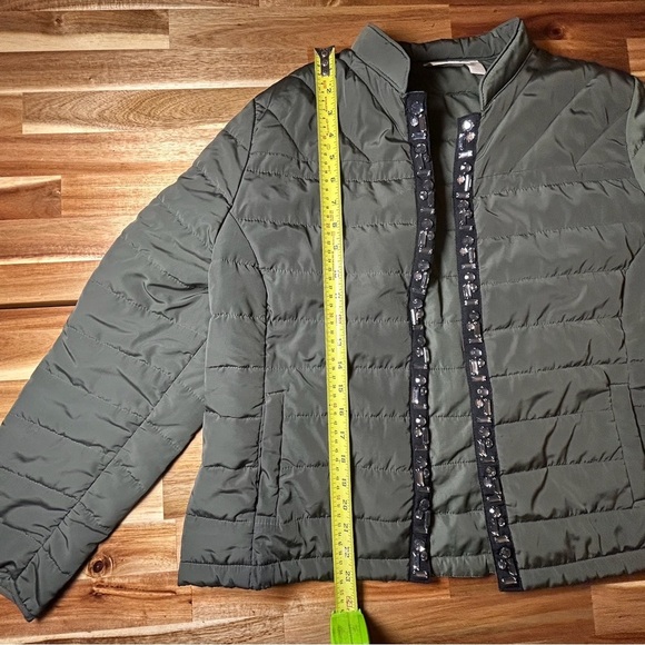 Chicos Jeweled Trim Olive Green Quilted Puffer Jacket Sz 2 (L/12) - Picture 8 of 13